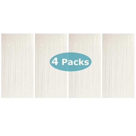 Allgala 4PK 3.3x6.6 FT (1x2M) Metalic Tinsel Party Photo Backdrop Curtains Door Fringe Décor-White-BD52301