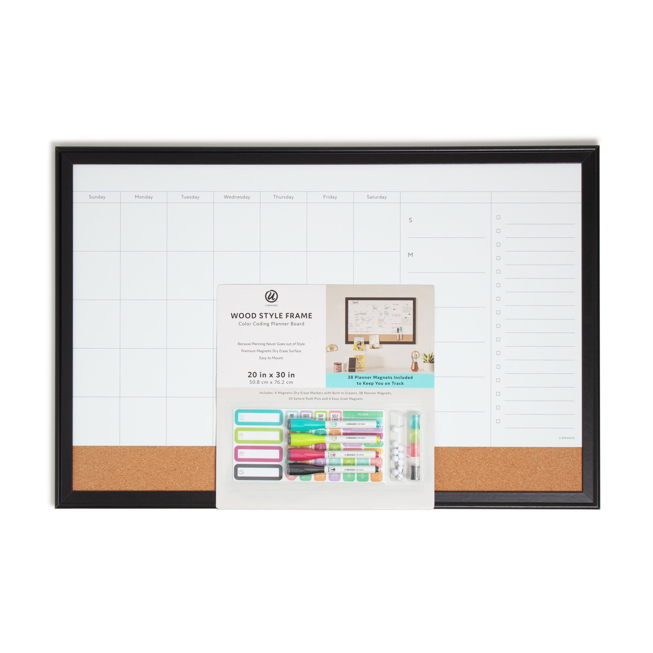 U Brands 30 x 20 in Magnetic Dry Erase Calendar Planner Board, Black Wood Style Frame