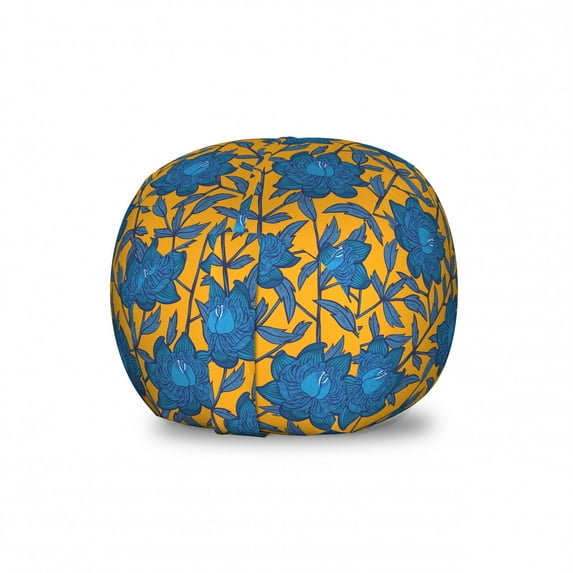 Blue Storage Toy Bag Chair, Retro Spring Blossoms Field Shabby Russian Folk Art Tones Inspired Design Bicolour, Stuffed Animal Organizer Washable Bag, Large Size, Orange, by Ambesonne