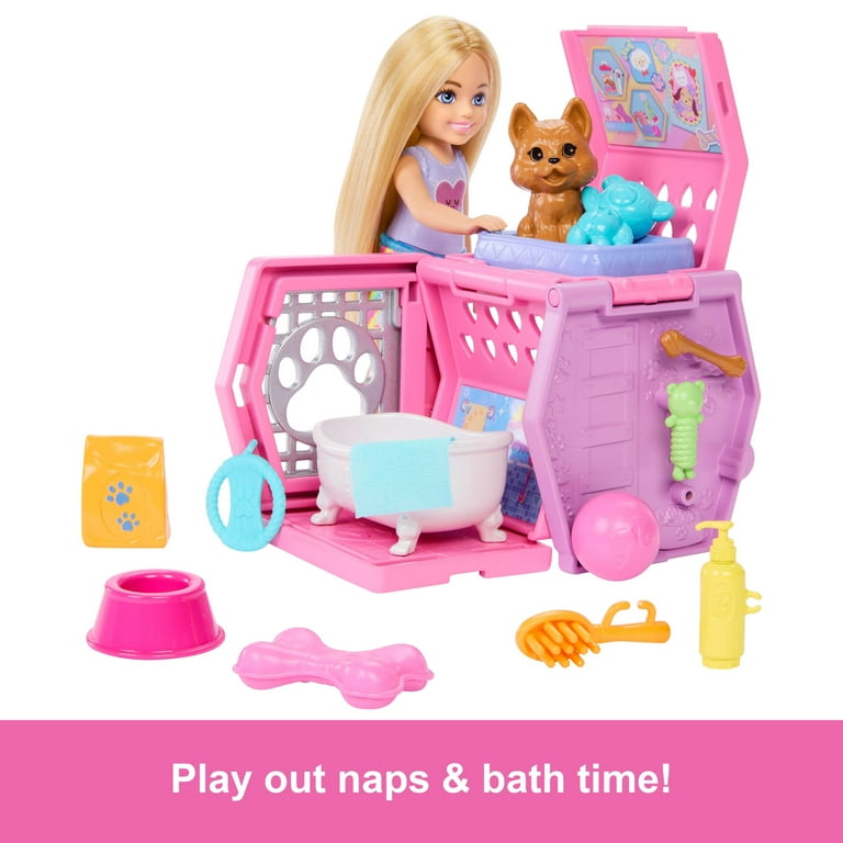 Barbie Chelsea Puppy Carrier Playset, Small Doll and Dog Carrier