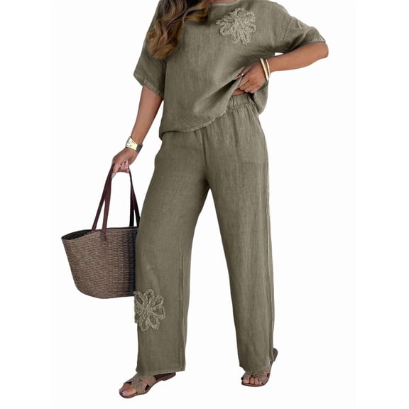 Women'S Plus Size Summer Two Piece Sets Cap Sleeve Floral Blouse Belted Pants Outfits Green S