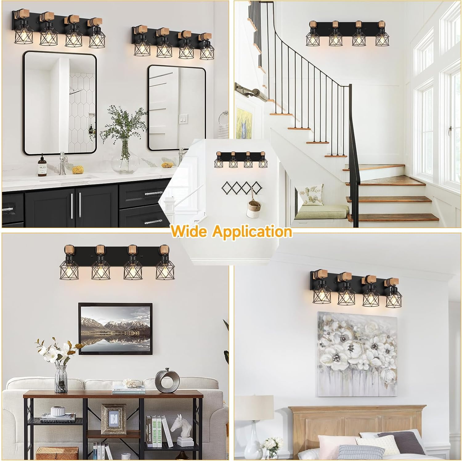4-Light Farmhouse Wood Bathroom Vanity Lights over Mirror with Metal Cage Lampshade Rustic Bathroom Light Fixtures for Mirror, Living Room, Bedroom, Hallway