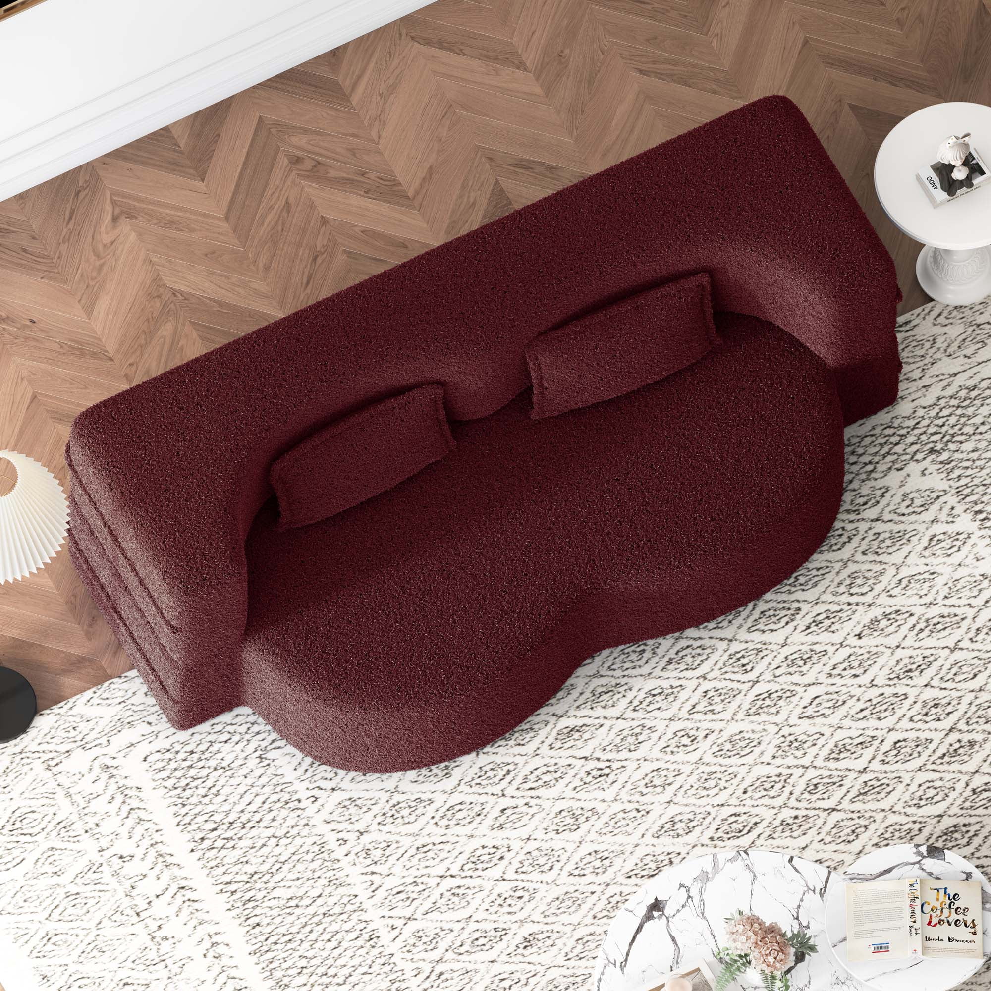 Miniyam Floor Sofa with 2 Pillows,Convertible Teddy Fabric Foam-Filled Sleeper Sofa Bed for Living Room,Guest Bed, Burgundy