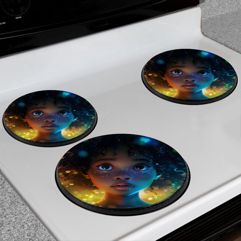 BaHomeck Electric Stove Burner Covers Set of 4,Round Metal Gas Stove Burner Covers 8 Inch and 10 Inch,Kitchen Decor,Beautiful YoungGirl With Big Eyes And Curly Hair
