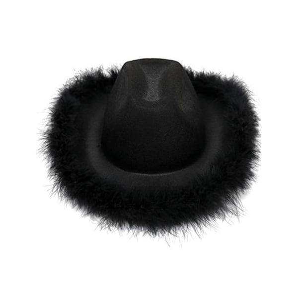 Sombrero vaquero rosa con plumas boa plumas esponjosas Brim sombrero vaquero de tamaño adulto para fiestas de ropa para mujeres solteras