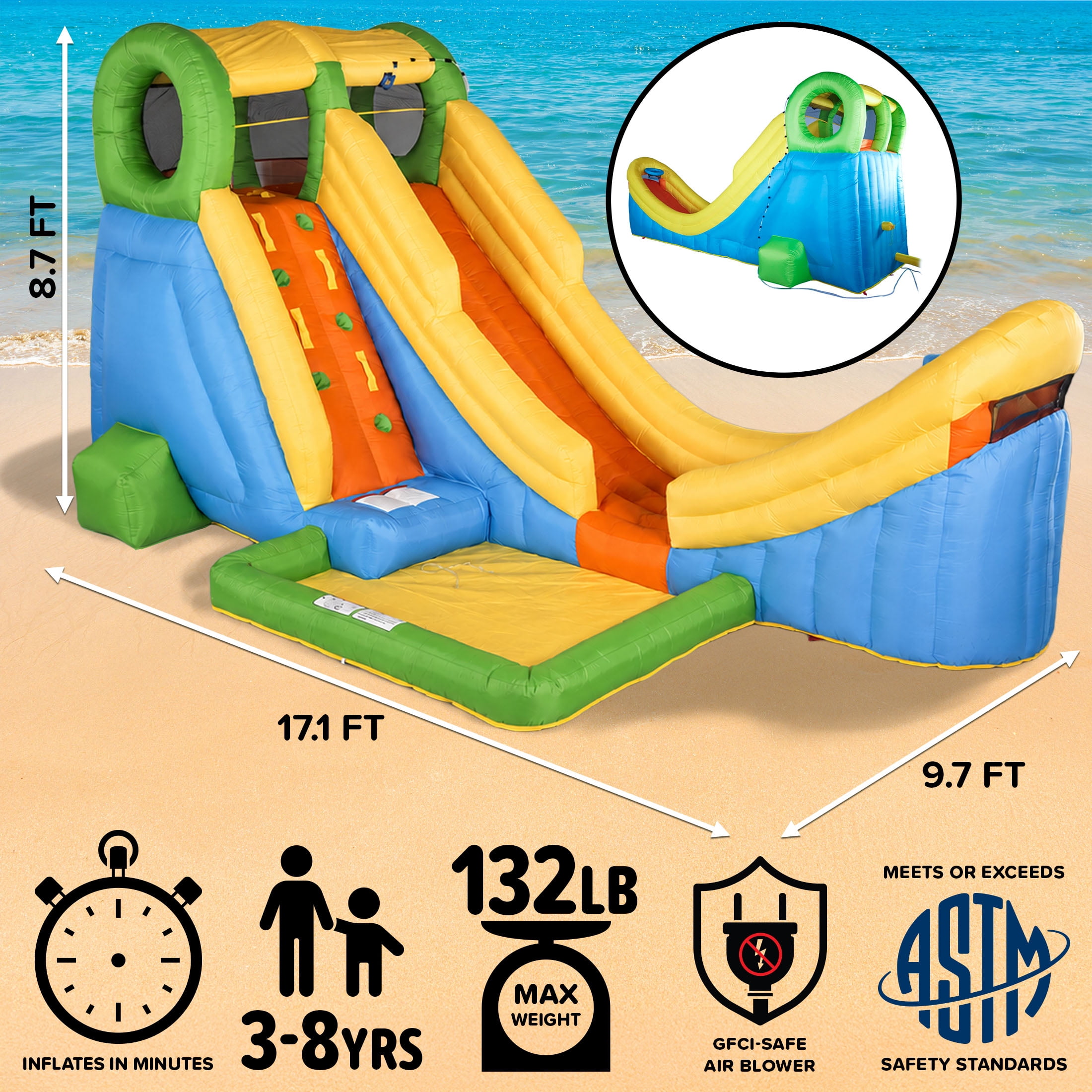 Sportspower Half Pipe Inflatable Water Slide Bounce House with Basketball Hoop, Kids Backyard Outdoor Play Water Park Bouncer with Splash Pool & Blower, Heavy Duty, Ages 3–12