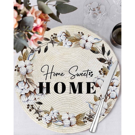 13 Inch Round Placemats Set of 6, Home Sweet Non Slip Heat Insulation PP Table Mats, Wreath Botanical Farmhouse Plants Beige Washable Place Mats for Kitchen Dining Party Table Decor