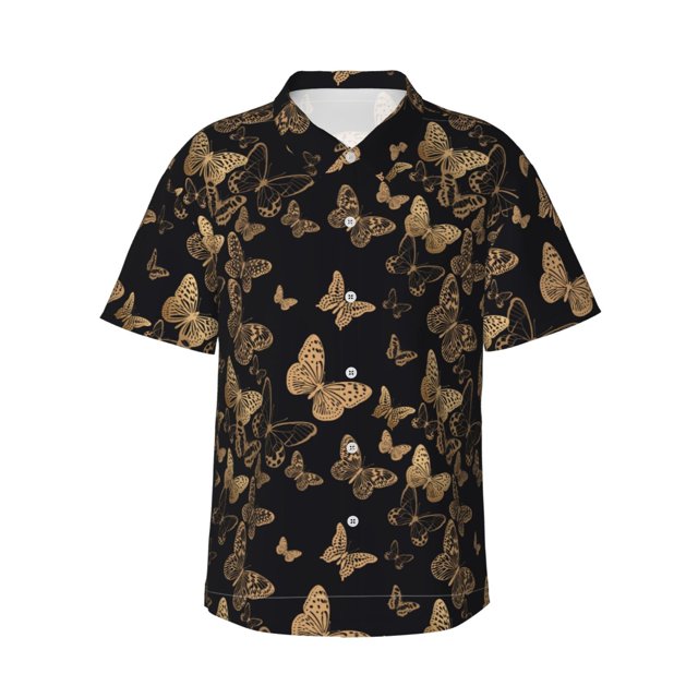 Balery Modern Golden Butterfly Camisas hawaianas de manga corta para hombre, camisas playeras de corte holgado, camisas de vacaciones con botones,3X-Large