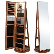 Gymax Rotating Mirrored Jewelry Cabinet with Mirror Storage Shelves Brown