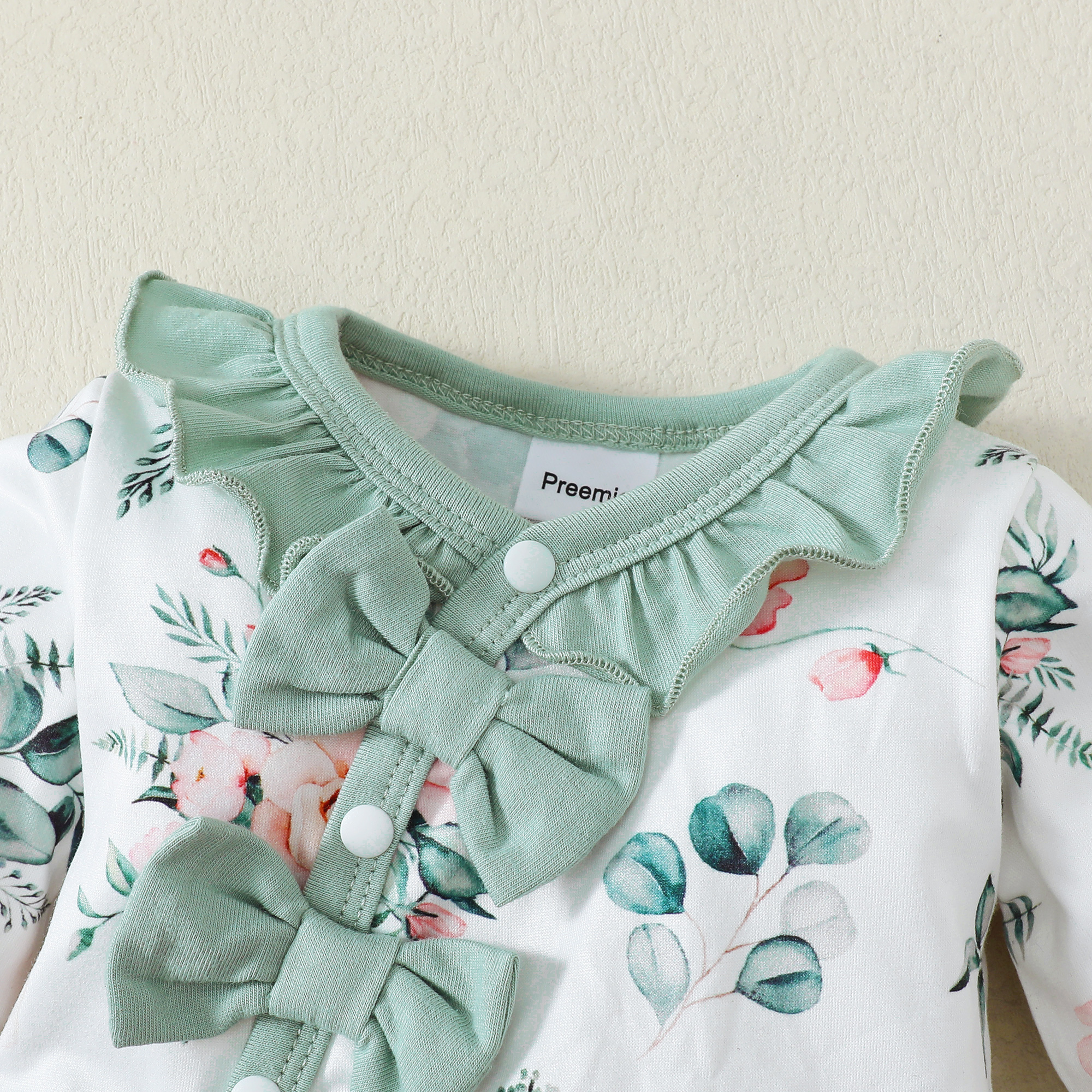 Kimi Bear Baby Girl Long Sleeve Floral Romper Set, Green photo 8