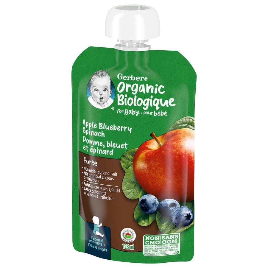 GERBER Organic Purée, Apple Blueberries Spinach, Baby Food, 128 mL