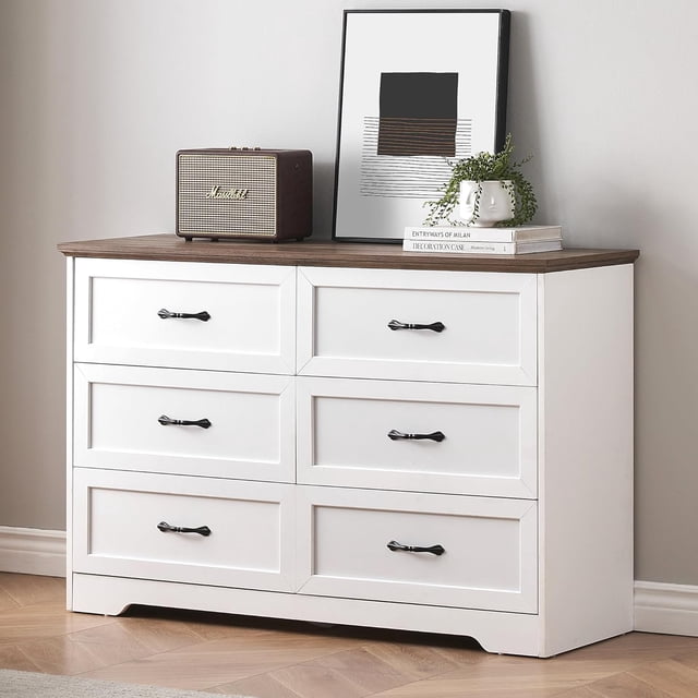Commode Moderne à 6 Tiroirs, Organisateur de Garde-Robe à Tiroirs et Rangement pour Vêtements, Commodes Modernes pour Garde-Robe Salon, Chambre d'Enfant (Commode à 6 Tiroirs, Brun&Blanc)