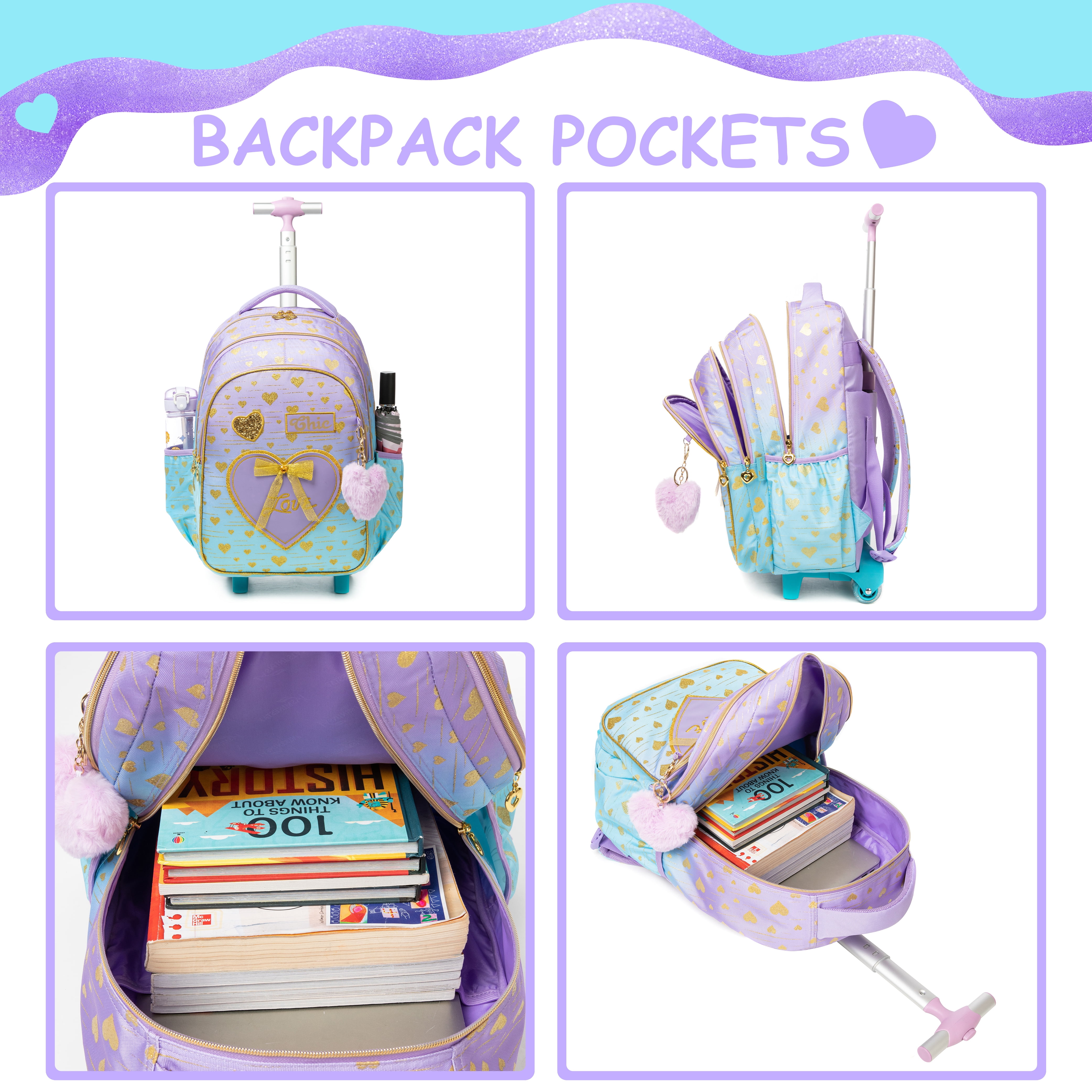 Kids Rolling School Backpack with Wheels Roller Backpacks for Girls Carry on with Lunch Box Pencil Case for Age 8-10 Purple