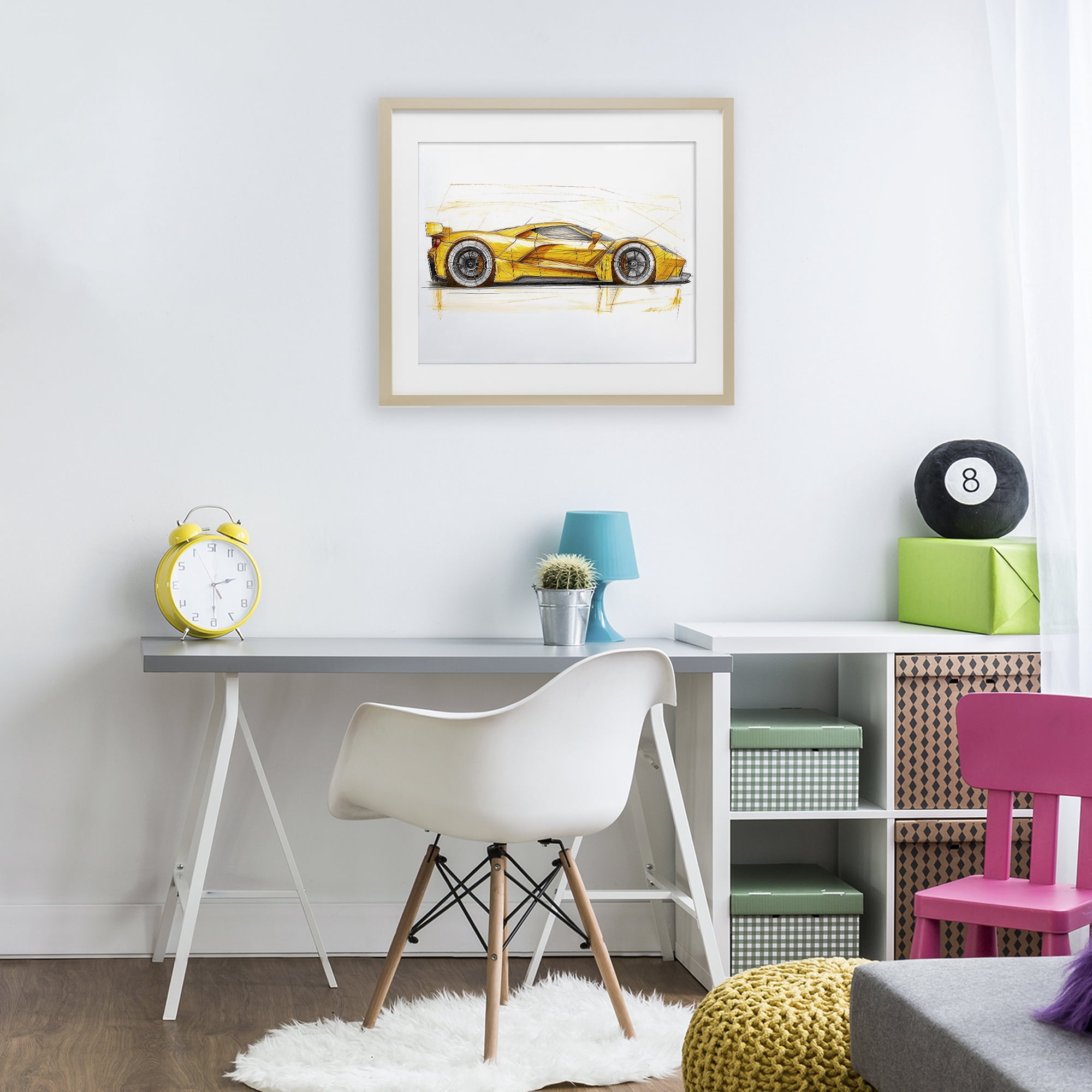 Stupell Industries Yellow Sports Car Whimsicality Birch Framed Print Under Glass, design by Steve Hunziker
