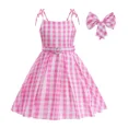 thumbnail image 3 of Vestido de princesa Barbie rosa para niñas, disfraz de película para juego de rol con cinturón, vestido con tirantes a cuadros, atuendo de cumpleaños para Halloween, para vestir de 2 a 10 años, 3 of 5