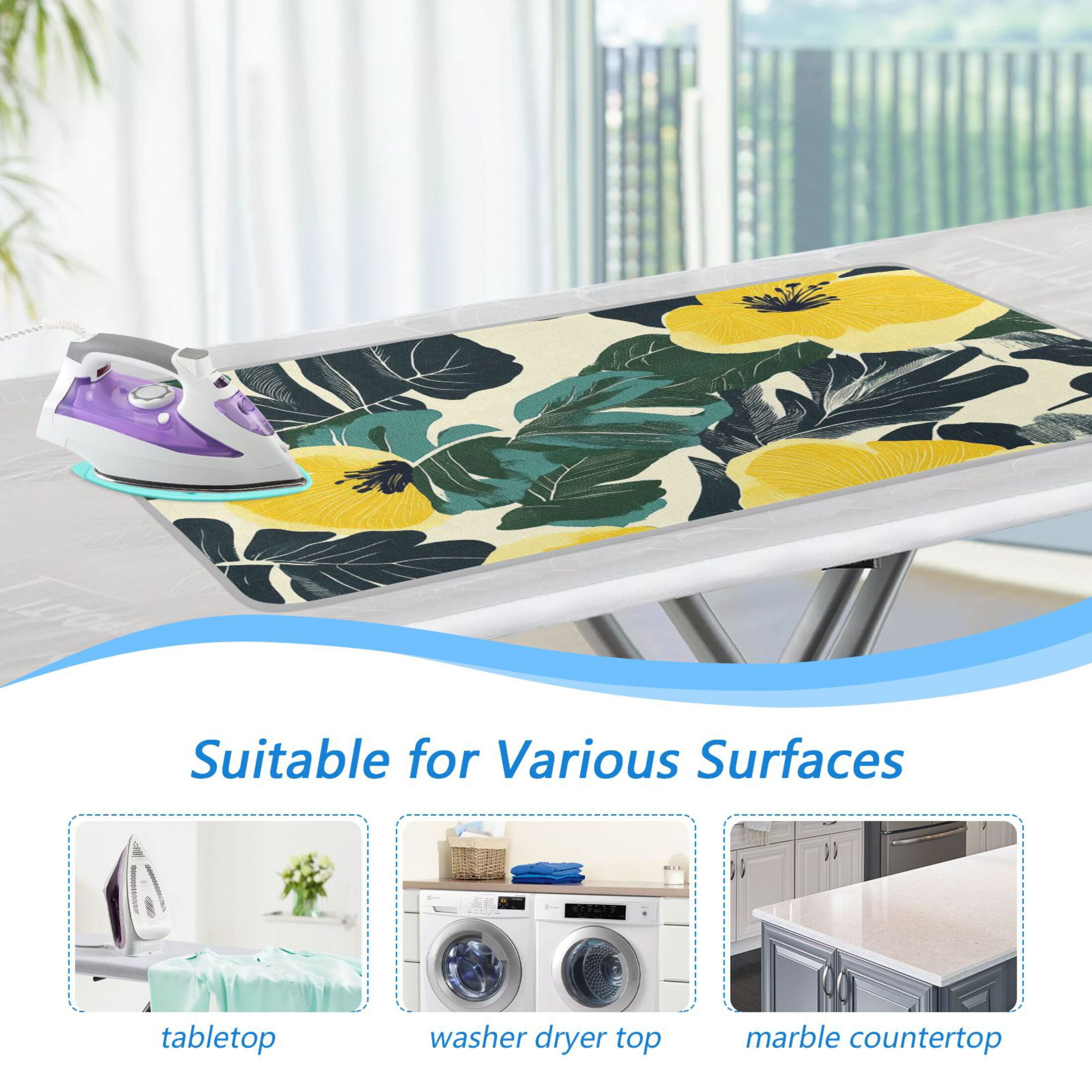 Yellow Floral and Leaf Ironing Mat Blanket for Table Top Travel Portable Ironing Board Pad 47.2x27.6 Inch