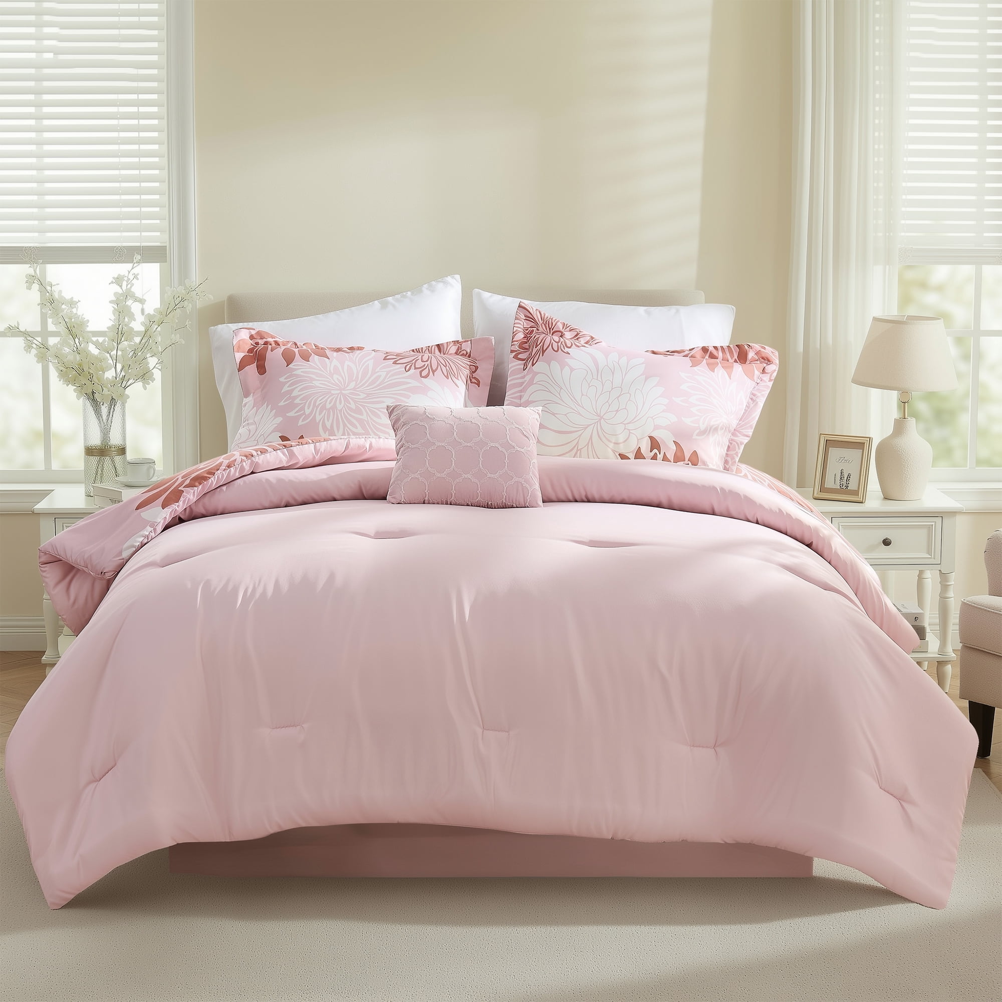 Regency Heights Queen Size Comforter Set, 5-Piece Floral Bedding Set for All Season, Pink Comforter Set Queen with Bed Skirt