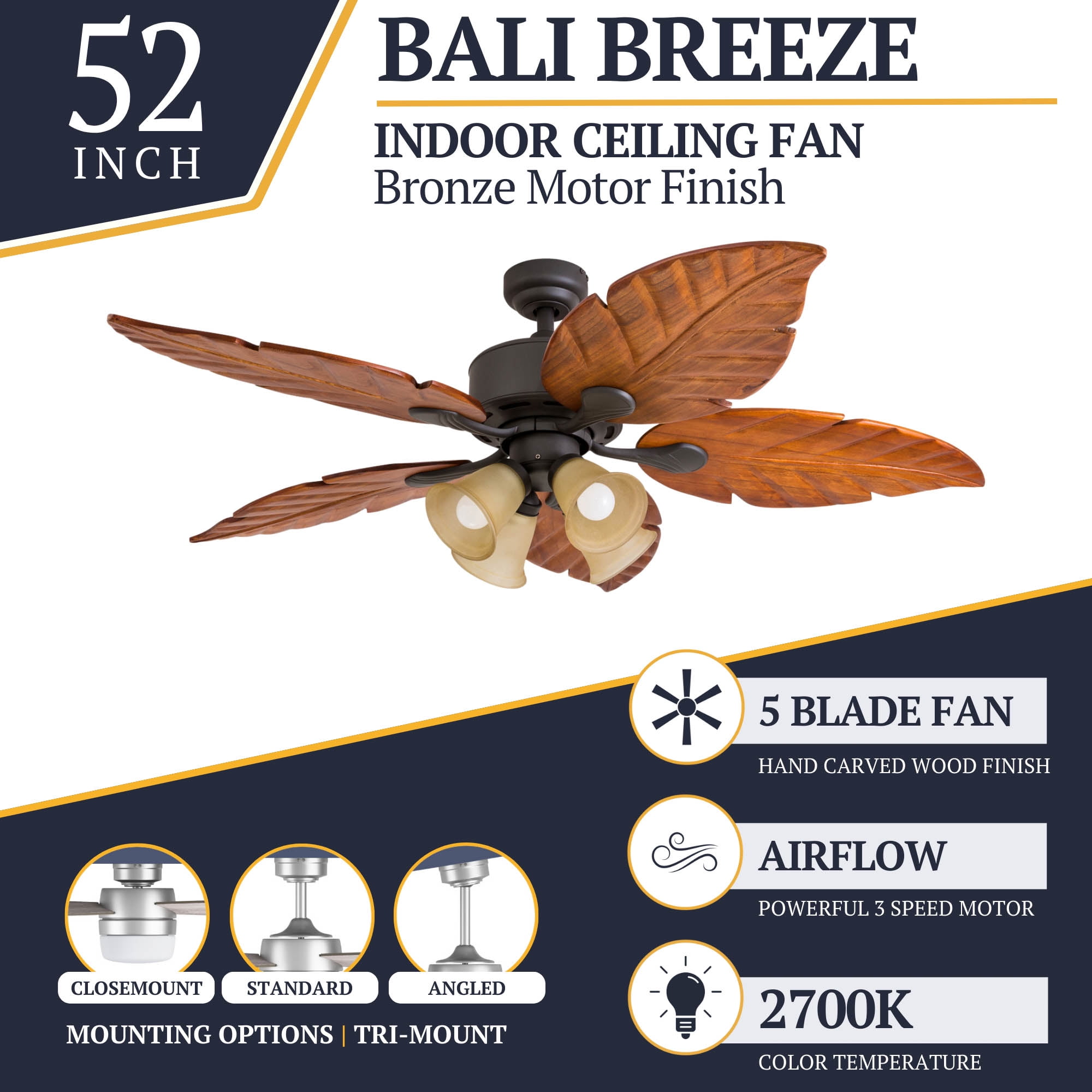 Prominence Home Royal Palm 52" Bronze Tropical Ceiling Fan with 5 Hand Carved Wood Blades, 4 Arm Light Kit, Remote & Reverse Airflow