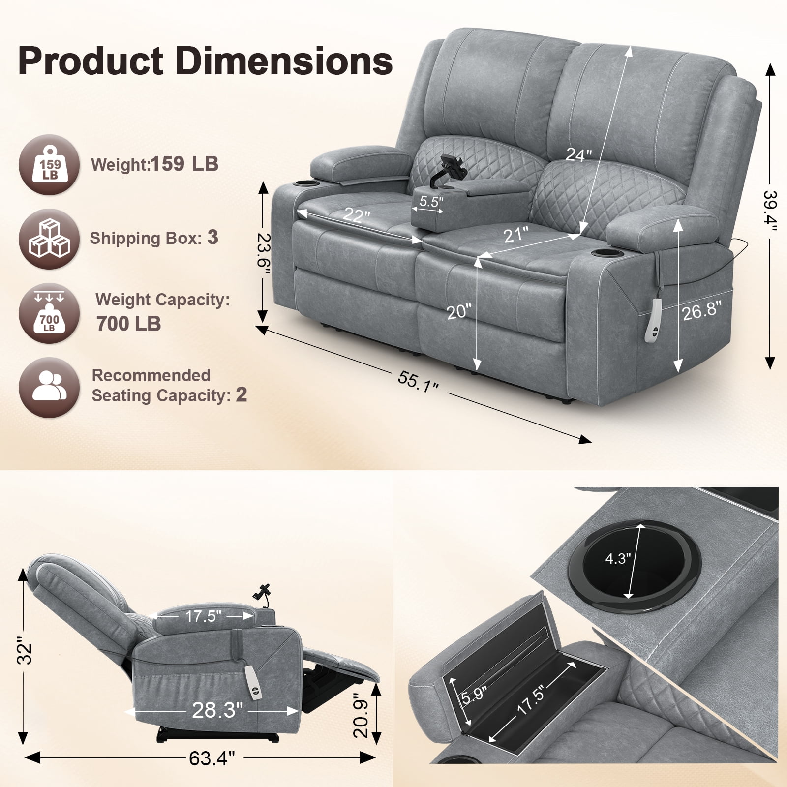 Power Reclining Loveseat with USB Port, Storage Console, Removable Armrests, Wall-Hugger Design, Double Cushions Faux Leather, Light Gray