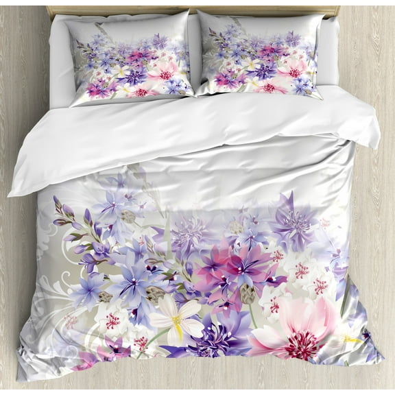 Lavender Duvet Cover Set, Pastel Cornflowers Bridal Classic Design Gentle Floral Wedding Design Print, Decorative 3 Piece Bedding Set with 2 Pillow Shams, California King, Violet Pink, by Ambesonne