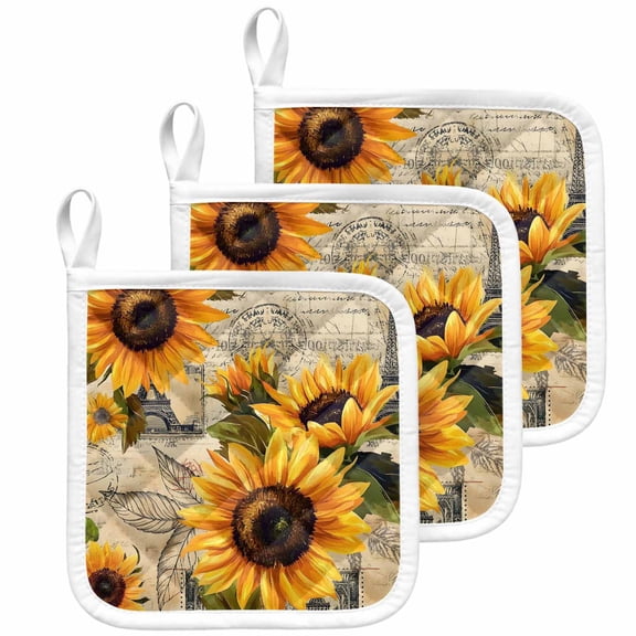 Yellow Sunflower Pot Holders for Kitchen Heatproof Potholder, 3 Pack Watercolor Retro Floral Plant Leaf Hot Pads Multipurpose Oven Pads Cloth Potholders Trivet for Cooking Baking
