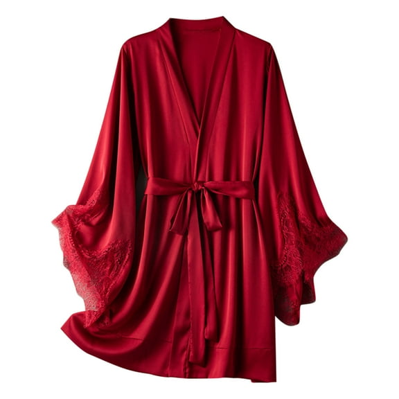 Penkiiy Lace Patchwork Robe Women Fashion Sexy Lace Ice Silk Robes Sexy Lingerie Home Wear Pajamas Red Nightgowns