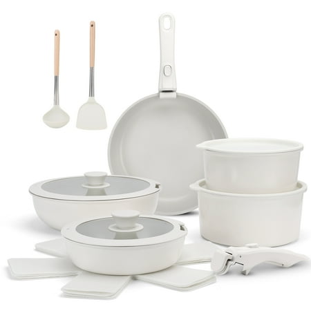 17 Piece Ceramic Pots and Pans Set Non Stick, Cookware Set with Detachable Handle, Oven Safe, Induction Ready, Stackable RV Kitchen Cooking Set Removable Handles, Cream White