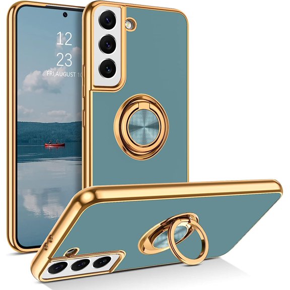 Samsung Galaxy S21 Plus Case with Ring Holder Kickstand 360 Degree Rotation Magnetic Car Finger Soft TPU Slim Cover Shockproof Protective Phone Case for Samsung S21 Plus 6.7", Gray Green