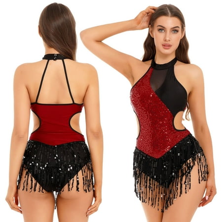 Aiihoo Women Tassel Salsa Latin Dance Dress Sequin Fringe Flapper Leotard Dress Ballroom Dancing Dress Burgundy XXL
