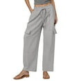 thumbnail image 1 of Pantalones de lino Pantalones cargo elásticos de cintura alta con cordón para mujer, 1 of 6