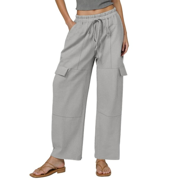 Pantalones de lino Pantalones cargo elásticos de cintura alta con cordón para mujer