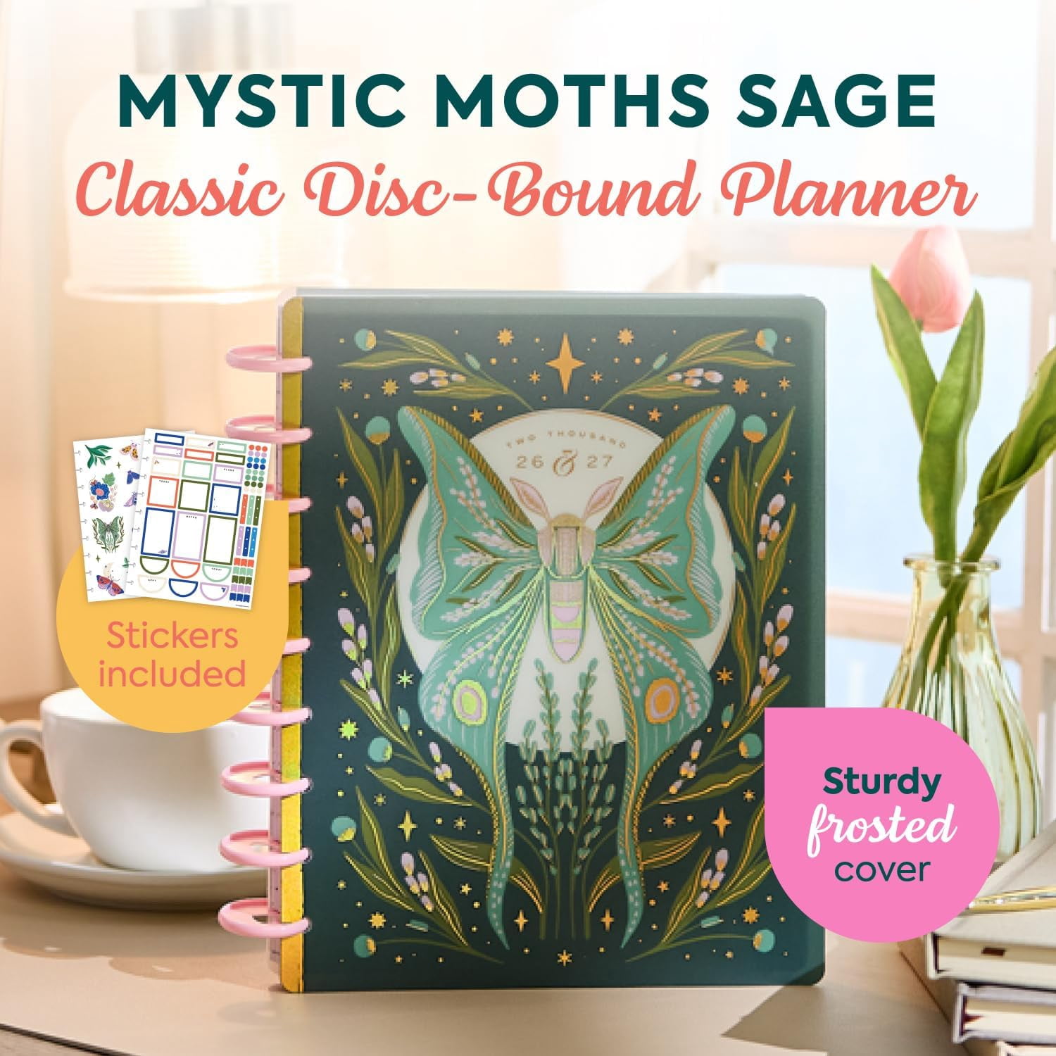 Happy Planner Disc-Bound Planner July 2026–June 2027, Includes 3 Extra Months and 2 Sticker Sheets, Classic Size, 7" x 9.25", Horizontal Layout, Mystic Moths Sage