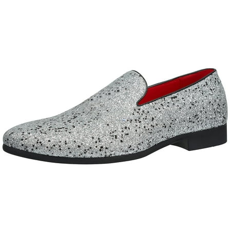 Santimon Leather Paillette Loafers Business Dress Shoes Glitter Slip-on Casual Shoes Silver 10 US