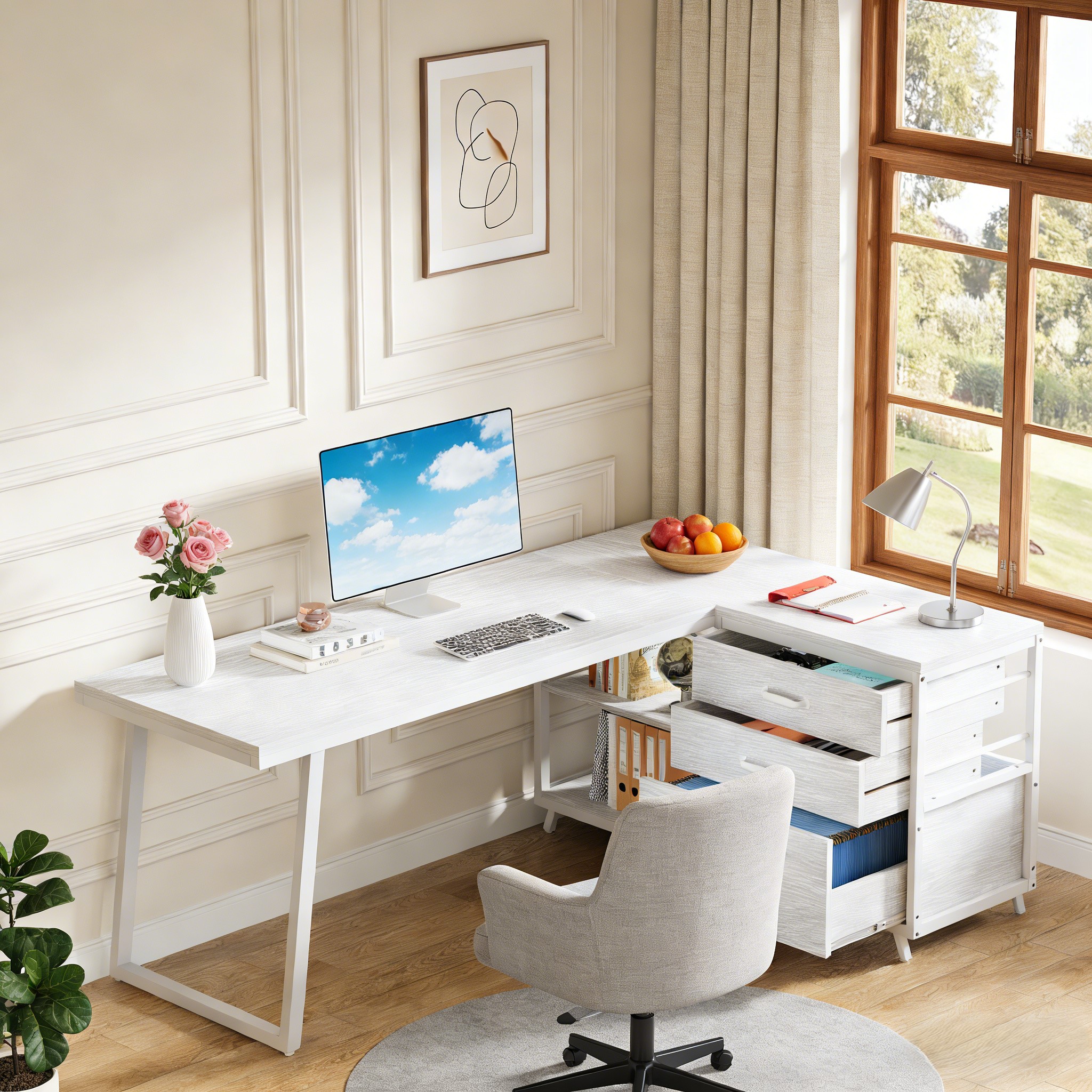 Fnova 53.15" L-shaped Computer Desk with 3 Drawers, Wood Tabletop, Metal Frame Office Desk, White