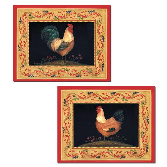 Francesco I Colorful, Rustic Rooster and Hen Set; Two 14X11 Poster Prints