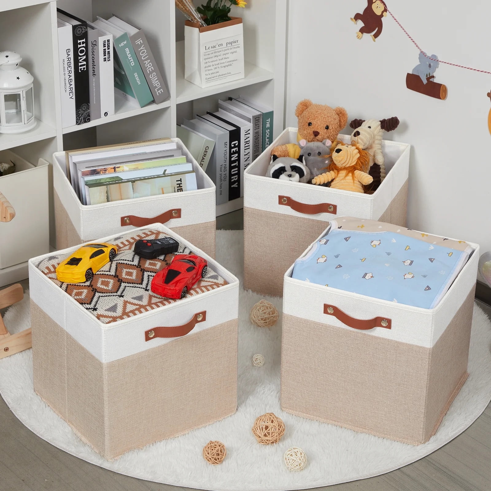4PCS 13x13inch Fabric Baskets for Organizing Storage Cubes, Fabric Foldable Canvas Storage Bins for Shelves, Cloth Storage Bins for Cube Organizers Toy(White Beige)