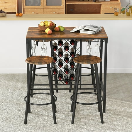 Costway 5PCS Bar Table & Stools Set Industrial Bistro Set with Wine Rack & Glass Holder - Rustic Brown/Black