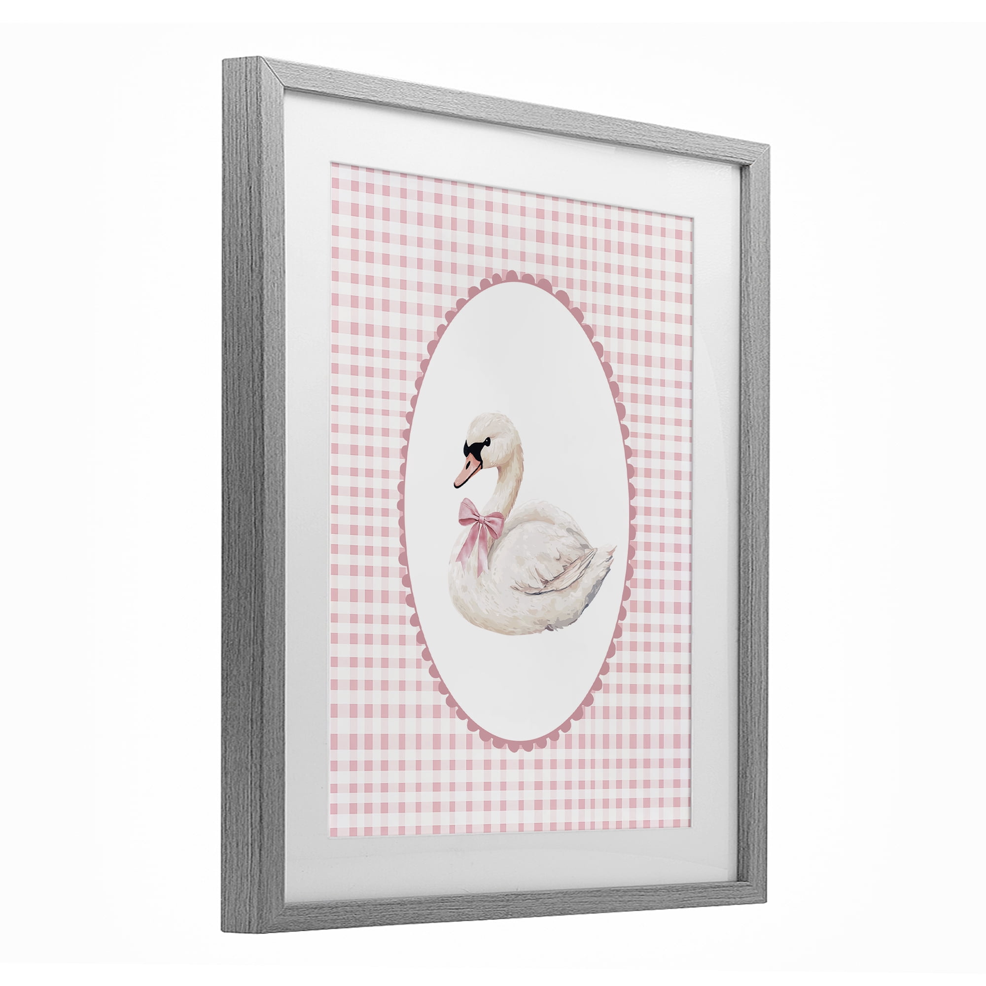 Gentle Swan on Pink Checkered Gray Framed Print Under Glass, design by Christine Simpson Art