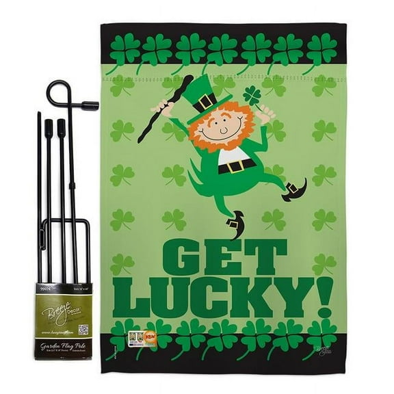 Breeze Decor BD-SA-GS-102028-IP-BO-D-US12-AM 13 x 18.5 in. Get Lucky Spring St Patrick Impressions Decorative Vertical Double Sided Garden Flag Set with Banner Pole