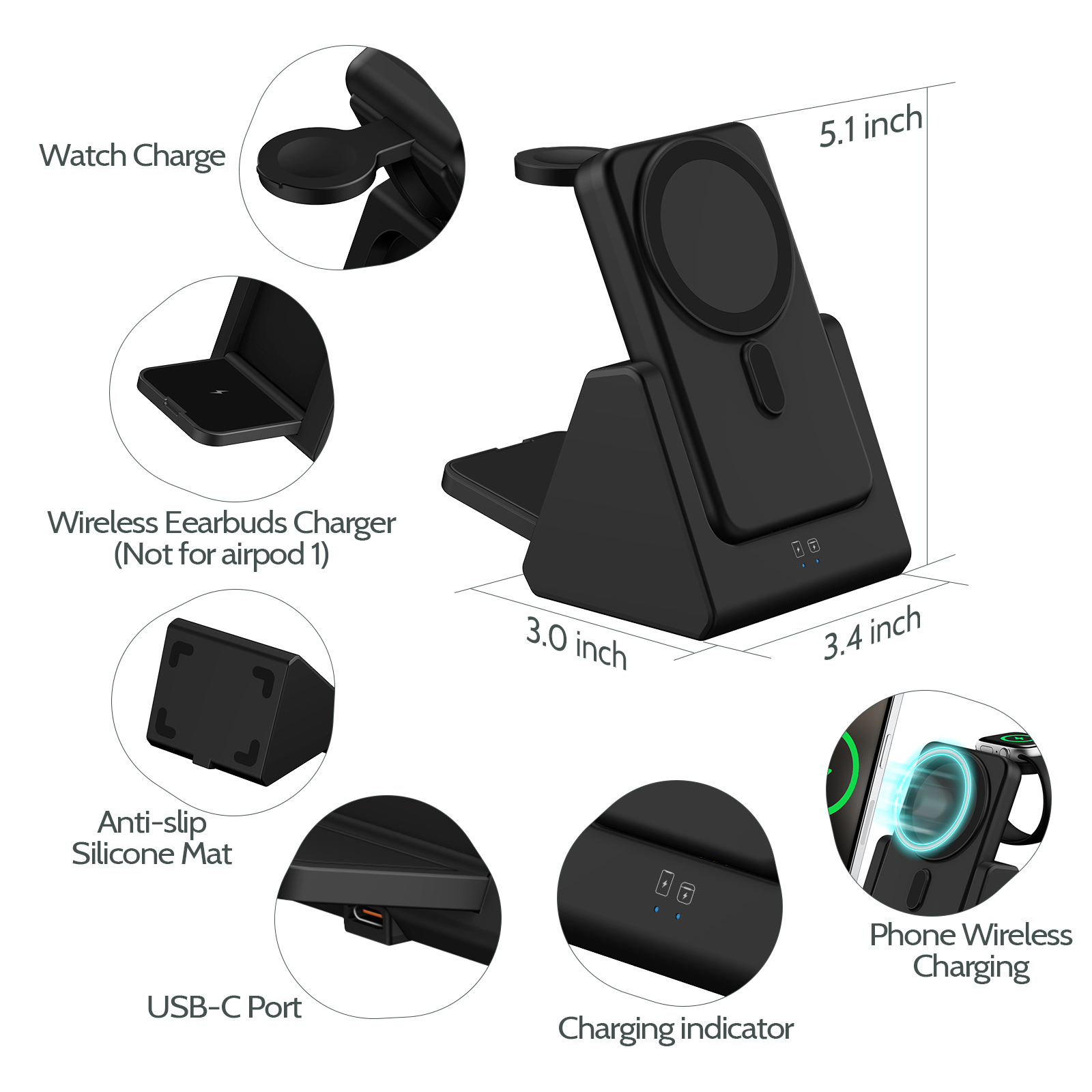 10000mAh MagSafe Charger, 3 in 1 Wireless Charging Station for iPhone 16/15/14/13, Apple Watch