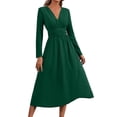 thumbnail image 2 of Guieoi Womens Dresses Long Sleeve Solid-Color High-Waisted Pleated V-Neck Dress Midi Dress Green XXL, 2 of 8