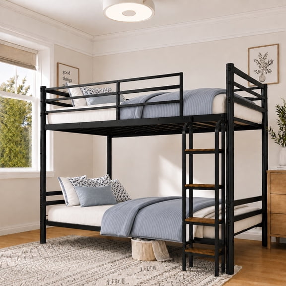 Alvantor Convertible Twin over Twin Metal Bunk Bed with Wide Ladder, 600 lb Support, Black