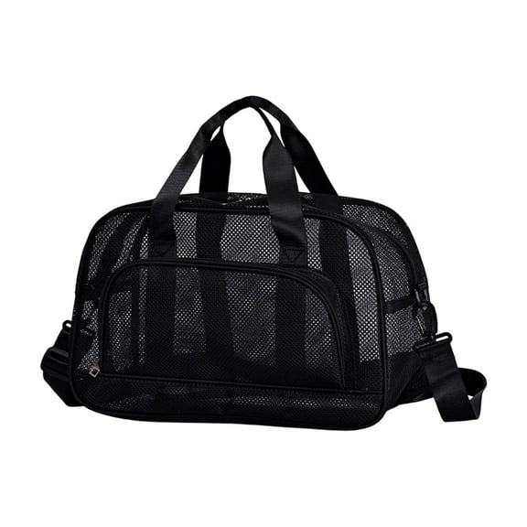 Mesh Tote Bag for Women, 16''x7.5''x10'' Lightweight Breathable Polyester Shoulder Bag, Multiple Pockets, Adjustable Crossbody Strap, Black Gym Beach Travel Bag - Black