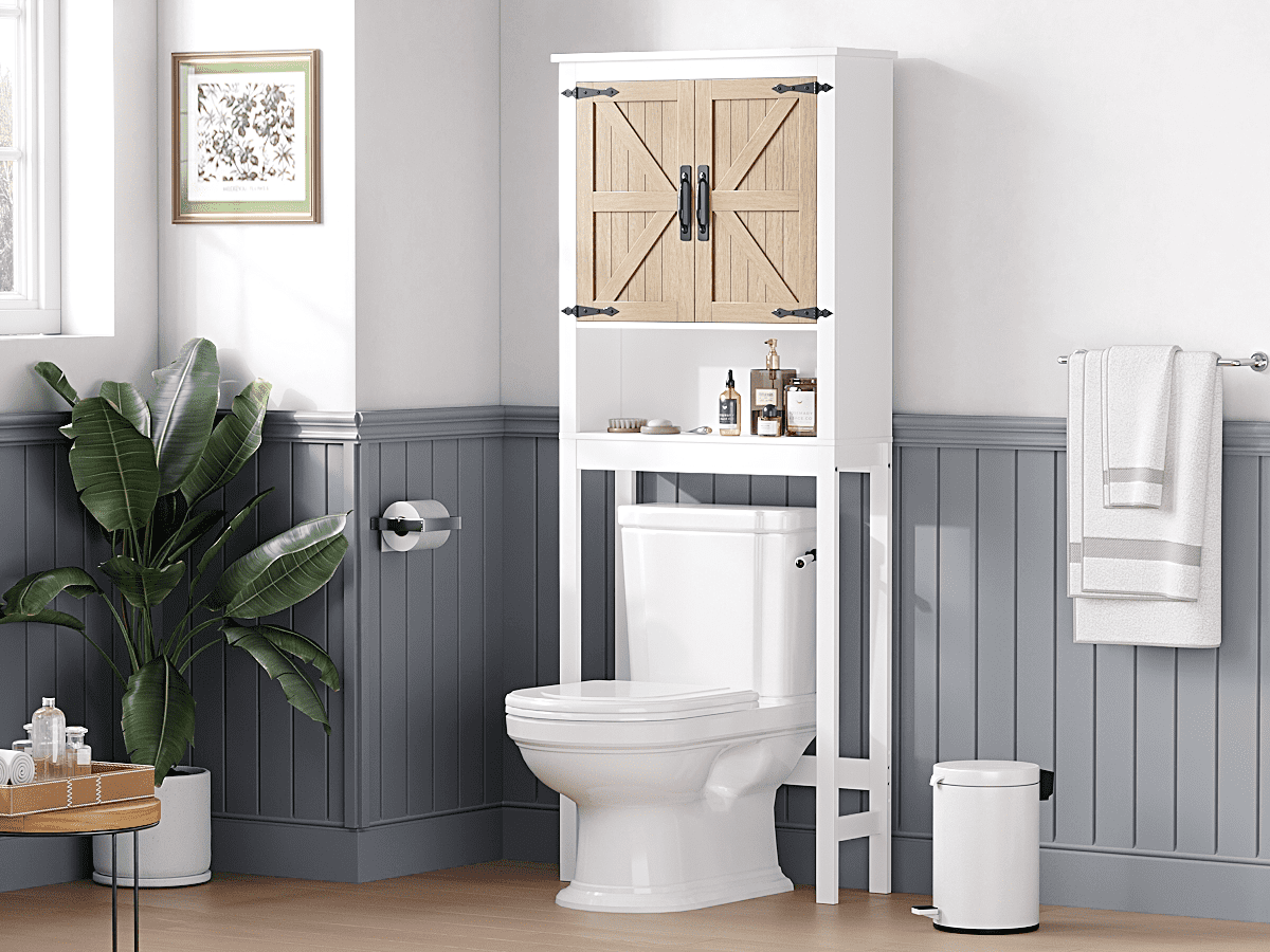 STAROUS Farmhouse Over-Toilet Storage Cabinet with Wood Grain Barn Doors & Adjustable Shelves