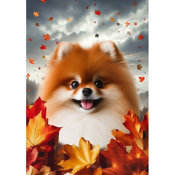 Pomeranian Red - Best of Breed Fall Leaves Outdoor House Flag 28" x 40" Mailbox Flag Dog Flag