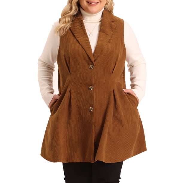 Chaleco sin mangas de talla grande para mujer Agnes Orinda, con botones, casual, con bolsillos, chaleco largo, color marrón, talla 2X