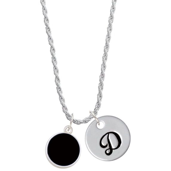 Delight Jewelry Silvertone Small Black Enamel Disc Silvertone Script Initial Disc - D - Charm Necklace, 20"+3"