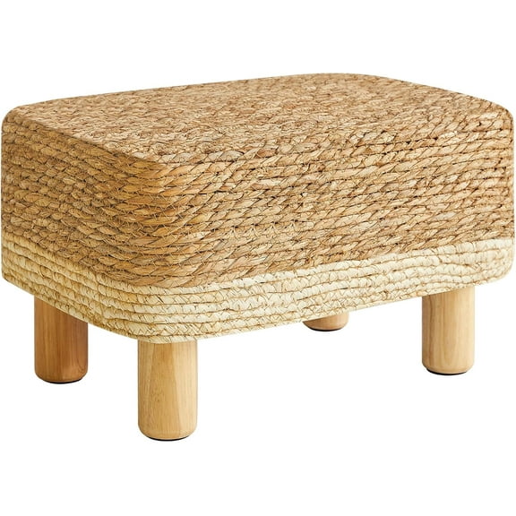 Foot Stool Rectangular Footrest Natural Seagrass Hand Weave Pouf Ottoman with Wooden Legs, Multifunctional Modern Dressing Stool, Sofa Side Table for Living Room Bedroom Entryway White UHBD043W