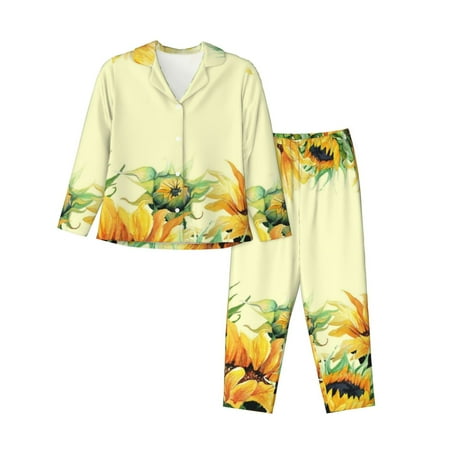 Jgfou Sunflowers On A Yellow Background Pattern Fashion Long Sleeve Button Cardigan Pajamas Set Loose Two-Piece Sleepwear For Women with Long Pants-XX-Large