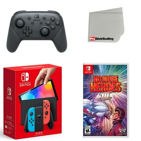 Nintendo Switch OLED Console Neon Red & Blue with Extra Wireless Controller, No More Heroes 3 and Screen Cleaning Cloth